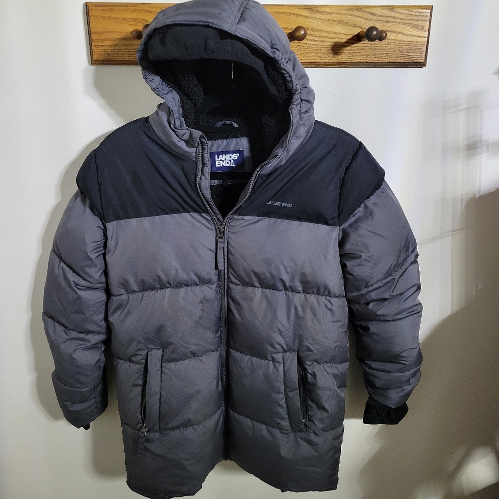 Land's End Boys Black & Gray Fleece Winter Jacket ~ Size L 14-16